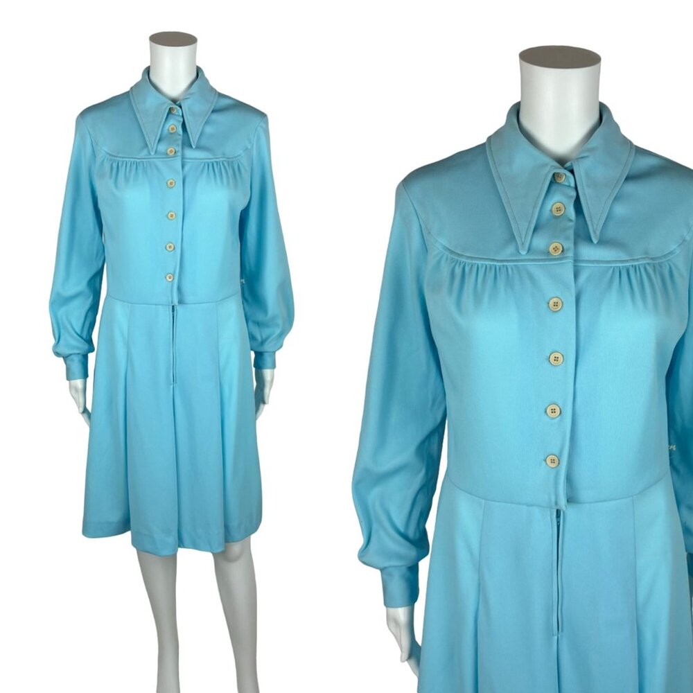 Vintage 70s Blue Dress Women's Medium Long Sleeve Pointed Collar Shirtdress